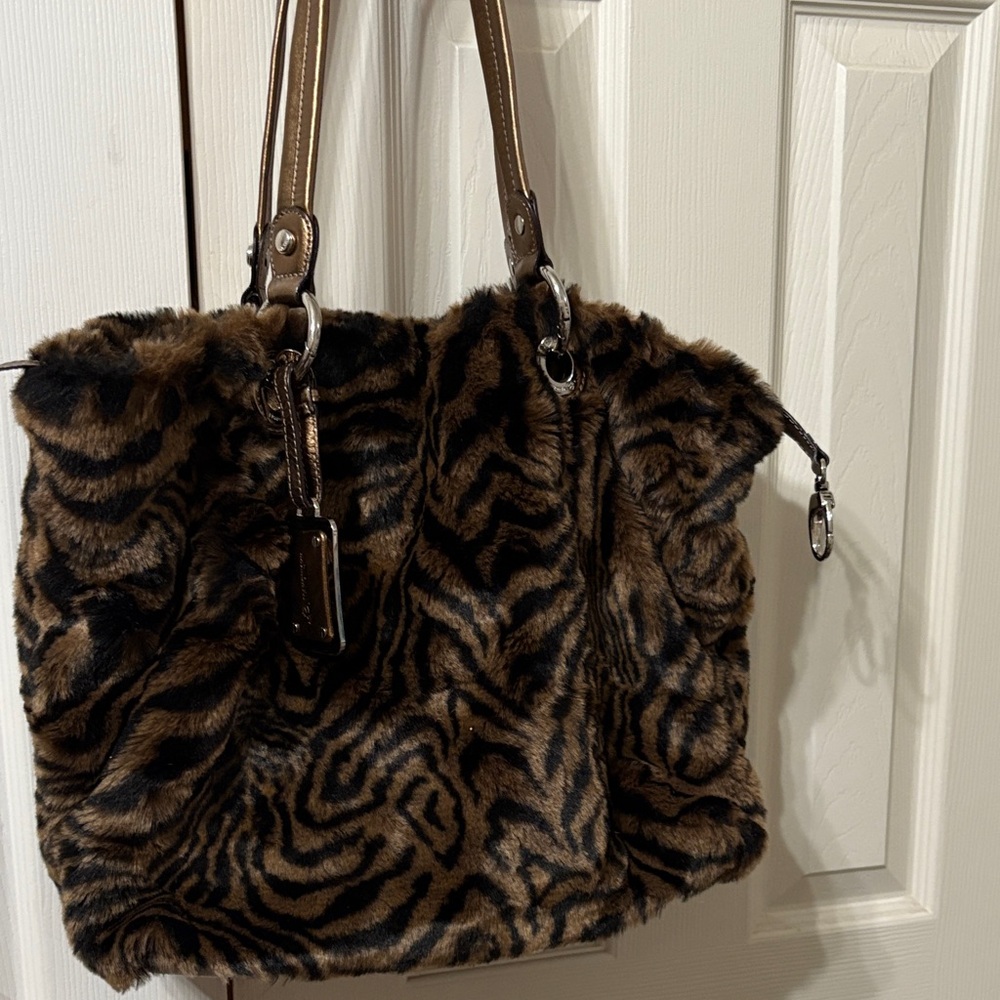 Makowsky Faux Fur Animal Print Tote Bag - Brown